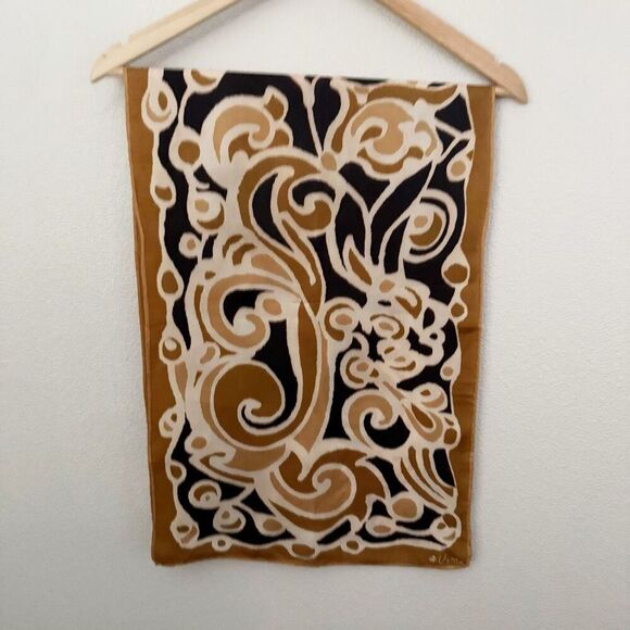 UENA | Japanese Long Scarf Vintage Gold Tan Cream Black Print | 15" x 44.5" - Picture 1 of 3
